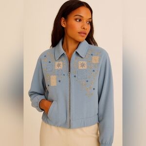 Alfred Dunner Ultra Suede Embroidered Patchwork Zippered Jacket Baby Blue 24W